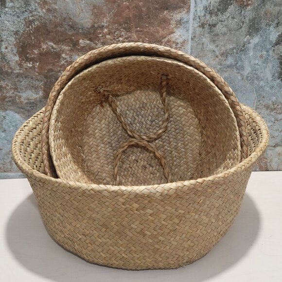 Nested  Woven Seagrass Baskets Rounded Belly Foldable Handles Set of 3 - Picture 13 of 13